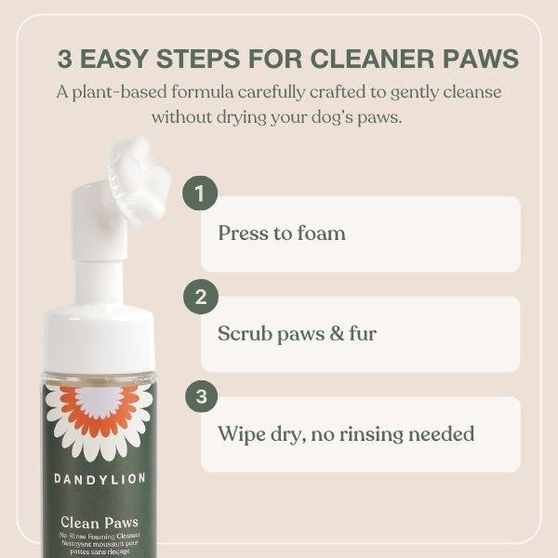 Dandylion Clean Paws No-Rinse Foaming Paw Cleanser for Dogs – Gentle Brush-On, Fragrance-Free, Vegan, Cruelty-Free, Plant-Based, No Mess, 5 Fl Oz