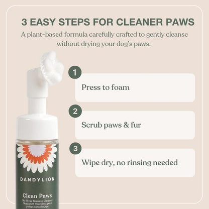 Dandylion Clean Paws No-Rinse Foaming Paw Cleanser for Dogs – Gentle Brush-On, Fragrance-Free, Vegan, Cruelty-Free, Plant-Based, No Mess, 5 Fl Oz
