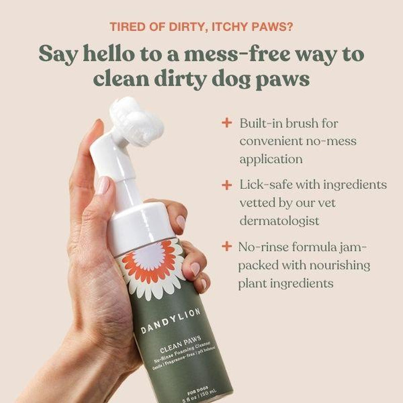 Dandylion Clean Paws No-Rinse Foaming Paw Cleanser for Dogs – Gentle Brush-On, Fragrance-Free, Vegan, Cruelty-Free, Plant-Based, No Mess, 5 Fl Oz